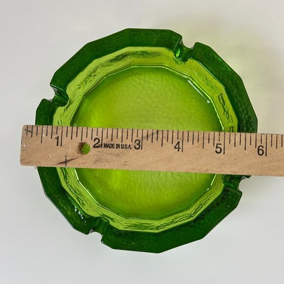 Vintage Blenko Green Glass Ashtray Set of 2 Heavy Round Pebbled Retro 4" & 6" - Picture 8 of 9